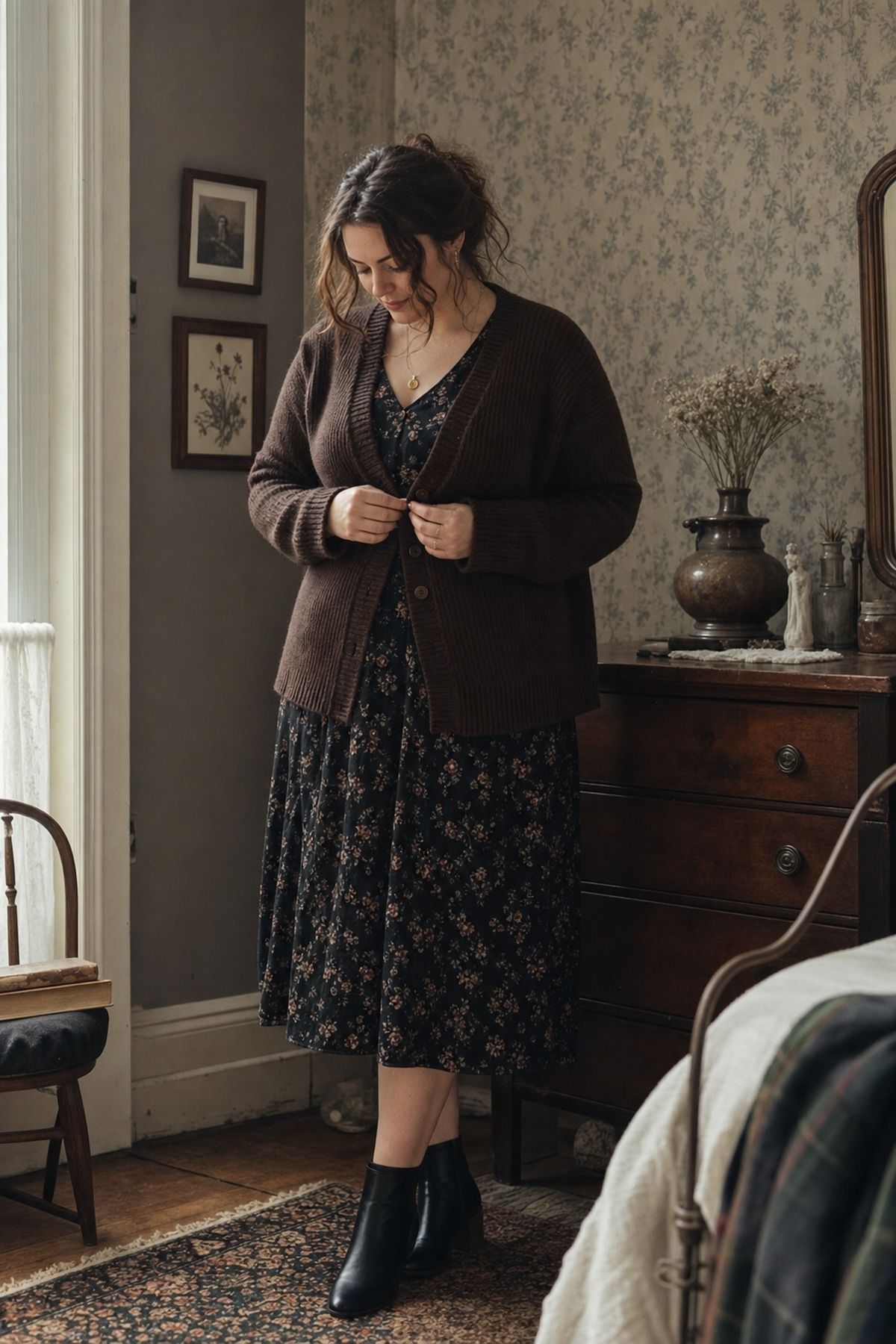 Dark Floral Dress with a Cardigan shown as a realistic Pretty Wild World image for 19 Dark Academia Outfit Ideas for a Moody, Literary Wardrobe.