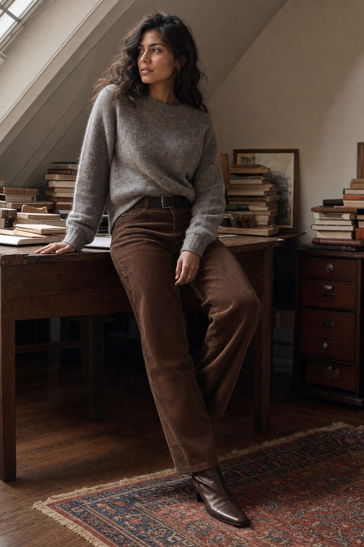 Corduroy Pants with a Soft Knit shown as a realistic Pretty Wild World image for 19 Dark Academia Outfit Ideas for a Moody, Literary Wardrobe.