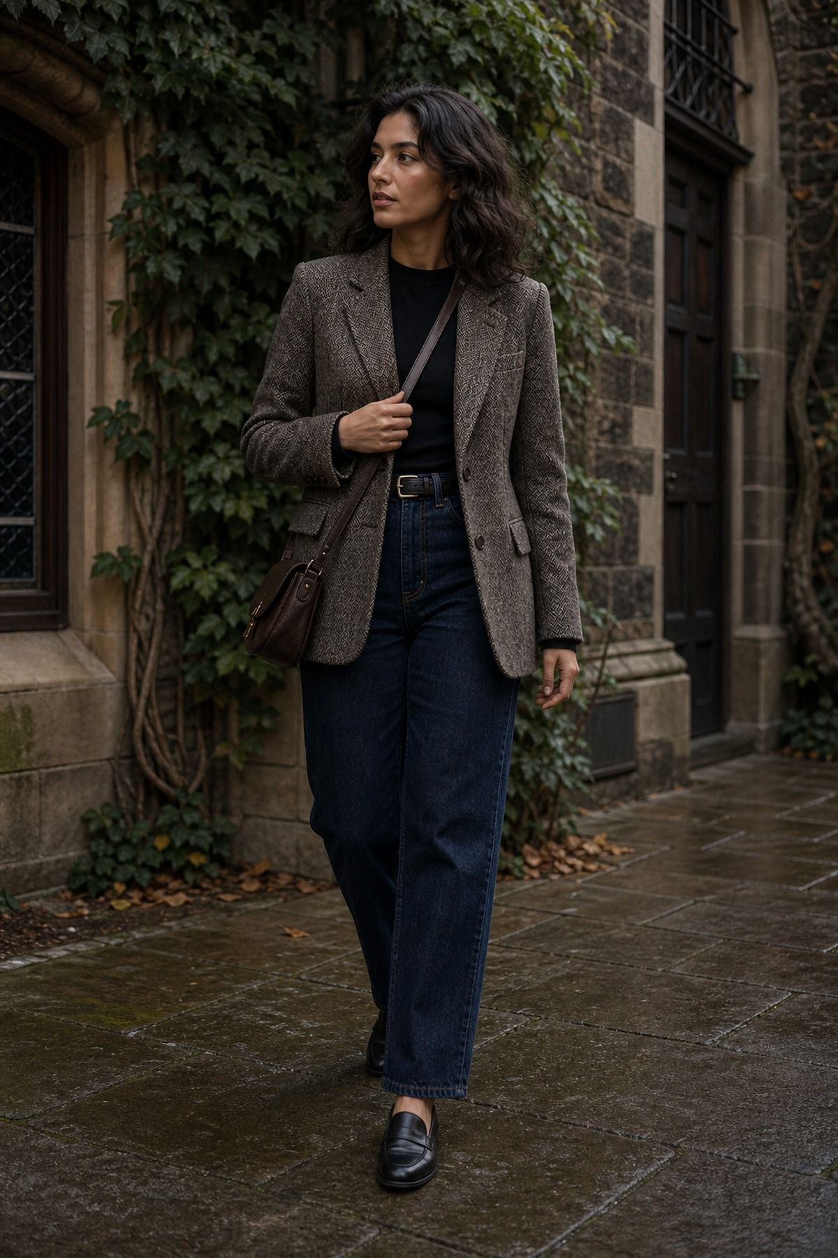 Tweed Jacket with Straight Jeans shown as a realistic Pretty Wild World image for 19 Dark Academia Outfit Ideas for a Moody, Literary Wardrobe.
