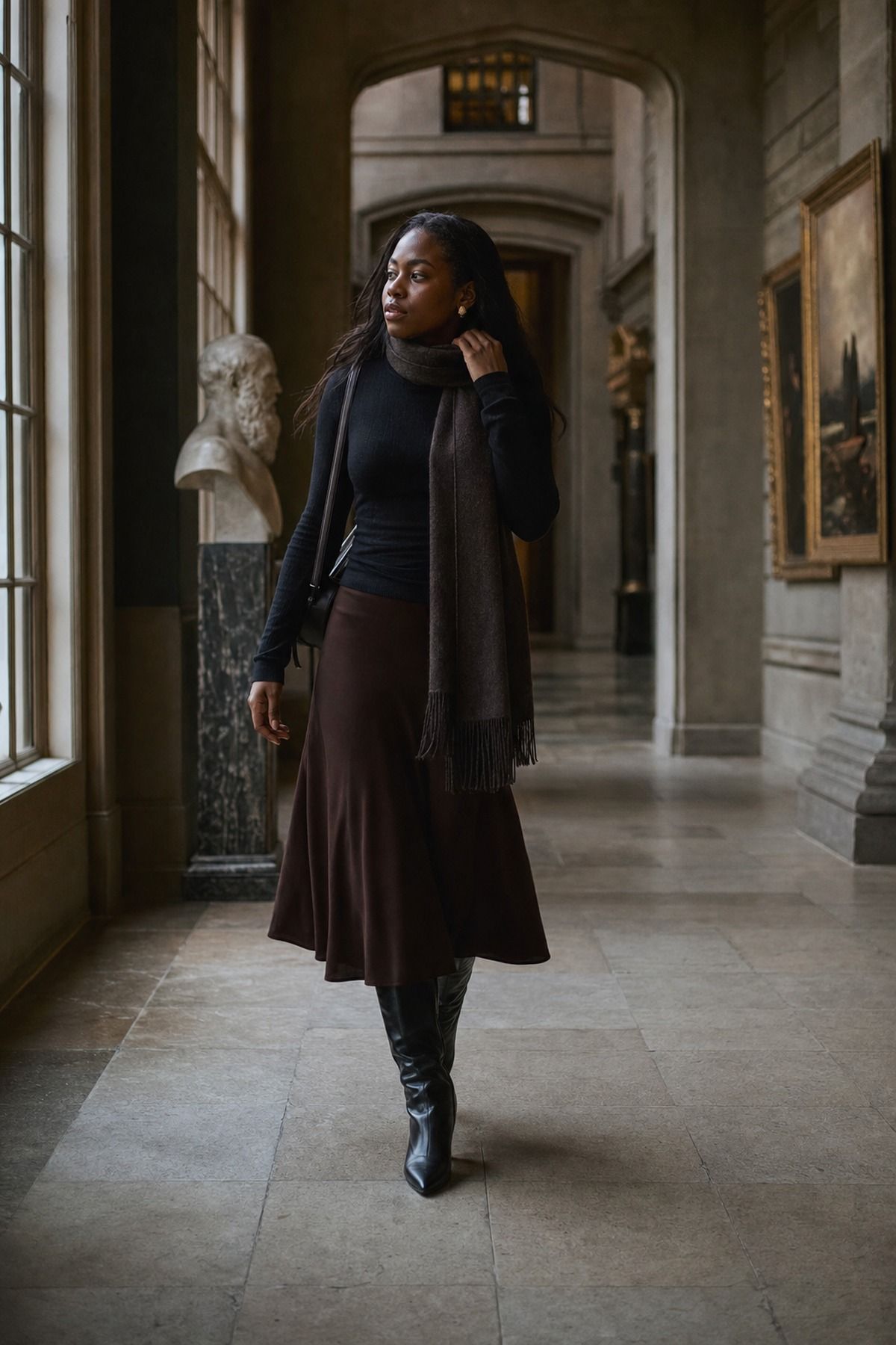 Midi Skirt with Knee High Boots shown as a realistic Pretty Wild World image for 19 Dark Academia Outfit Ideas for a Moody, Literary Wardrobe.