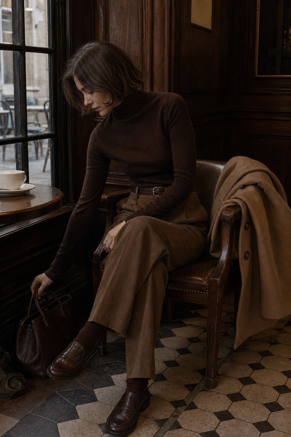 Monochrome Brown Outfit shown as a realistic Pretty Wild World image for 19 Dark Academia Outfit Ideas for a Moody, Literary Wardrobe.
