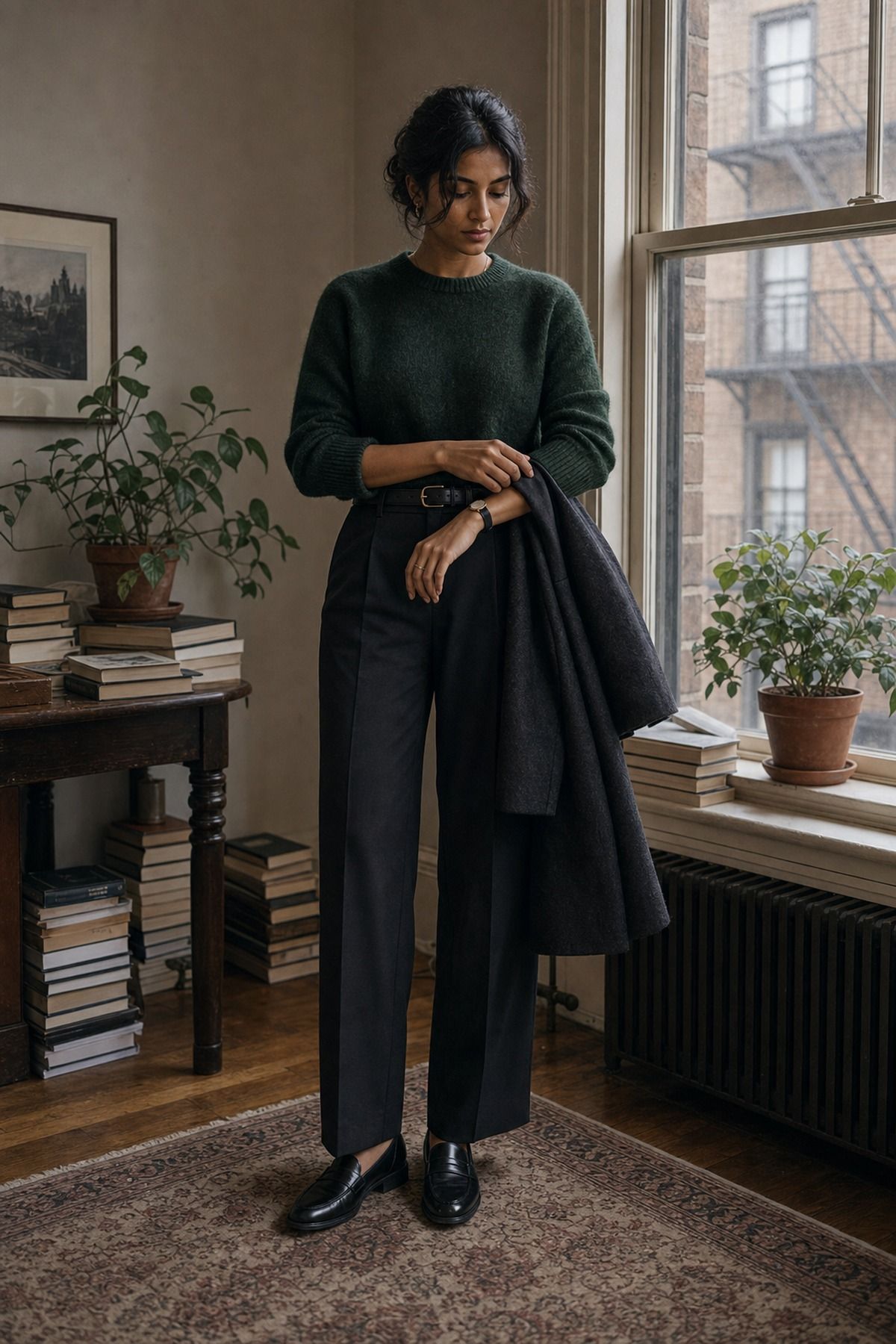 Forest Green Sweater with Black Trousers shown as a realistic Pretty Wild World image for 19 Dark Academia Outfit Ideas for a Moody, Literary Wardrobe.