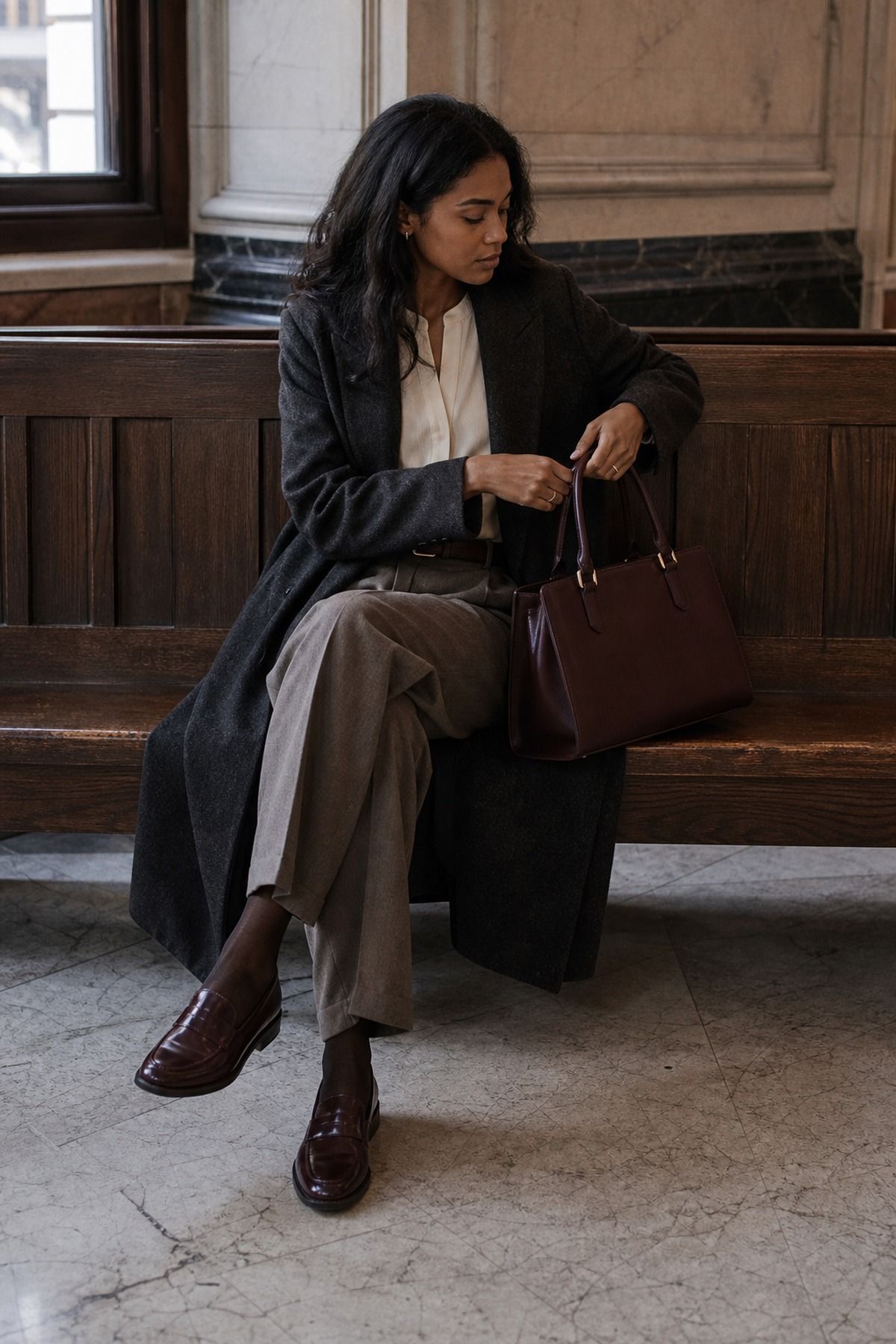 Oxblood Accessories with Neutrals shown as a realistic Pretty Wild World image for 19 Dark Academia Outfit Ideas for a Moody, Literary Wardrobe.