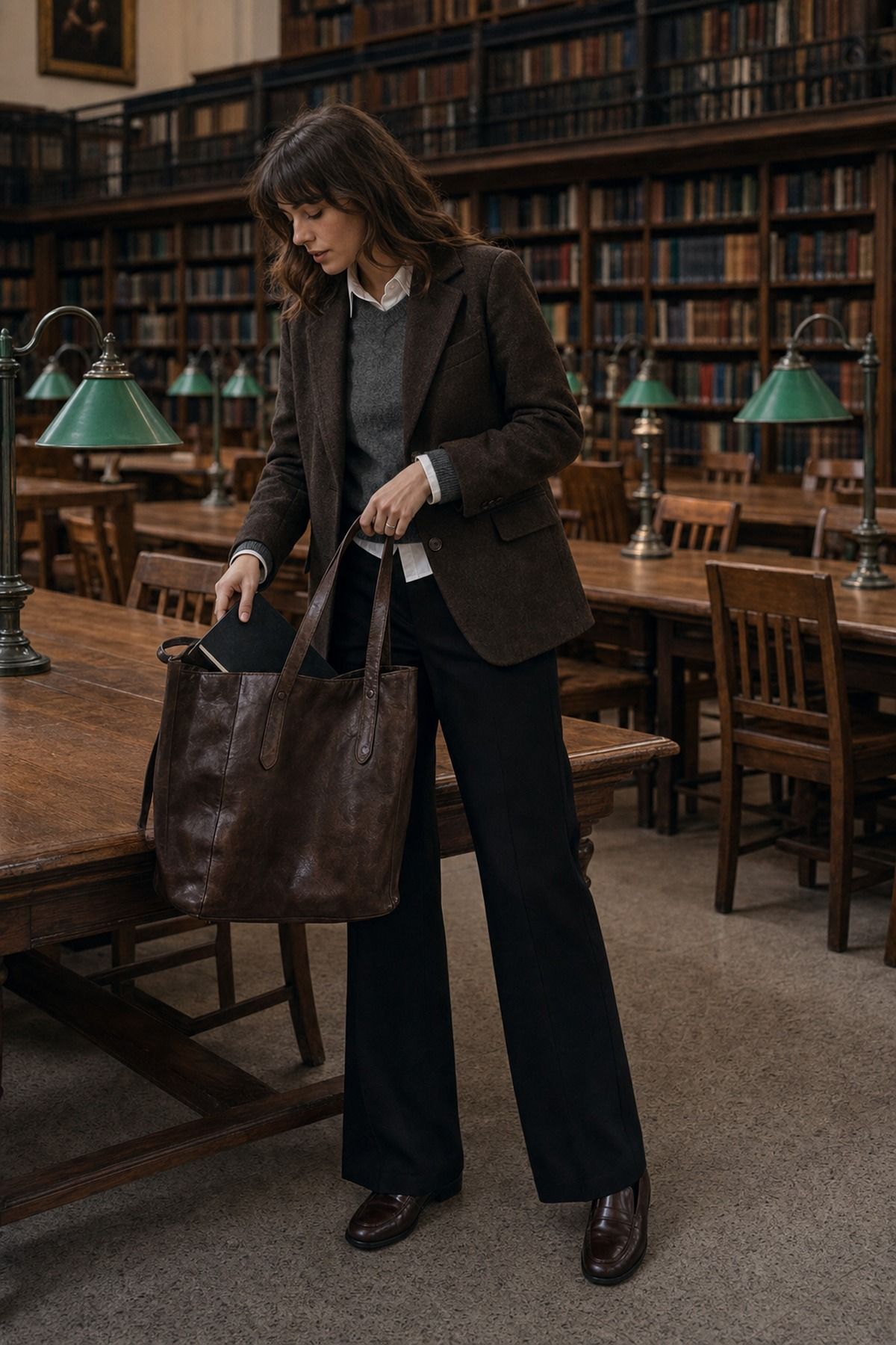 Library Day Layered Outfit shown as a realistic Pretty Wild World image for 19 Dark Academia Outfit Ideas for a Moody, Literary Wardrobe.