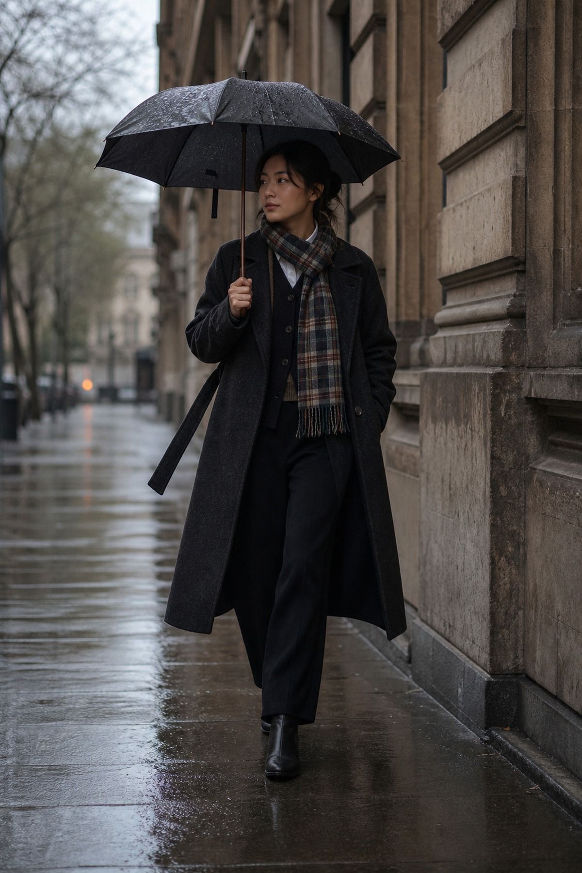 Rainy Day Dark Academia Coat shown as a realistic Pretty Wild World image for 19 Dark Academia Outfit Ideas for a Moody, Literary Wardrobe.