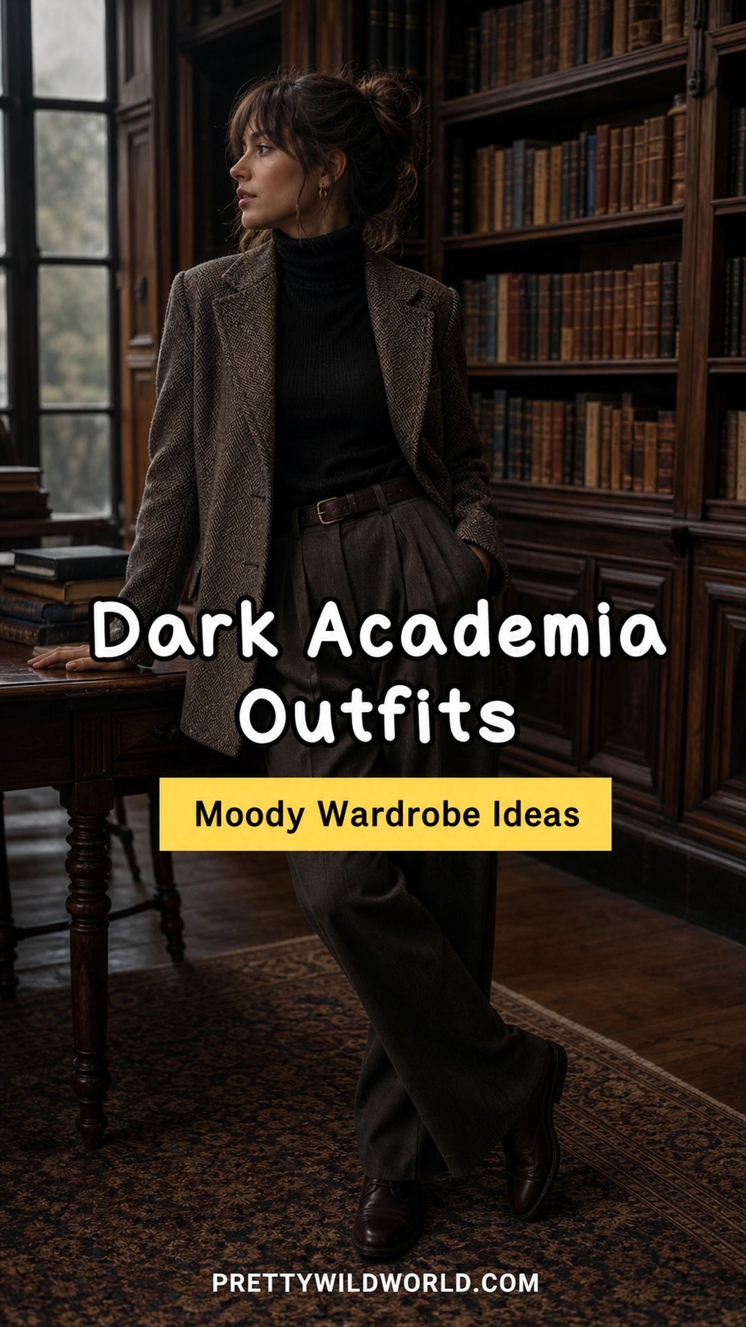 Pinterest pin for 19 Dark Academia Outfit Ideas for a Moody, Literary Wardrobe from Pretty Wild World.