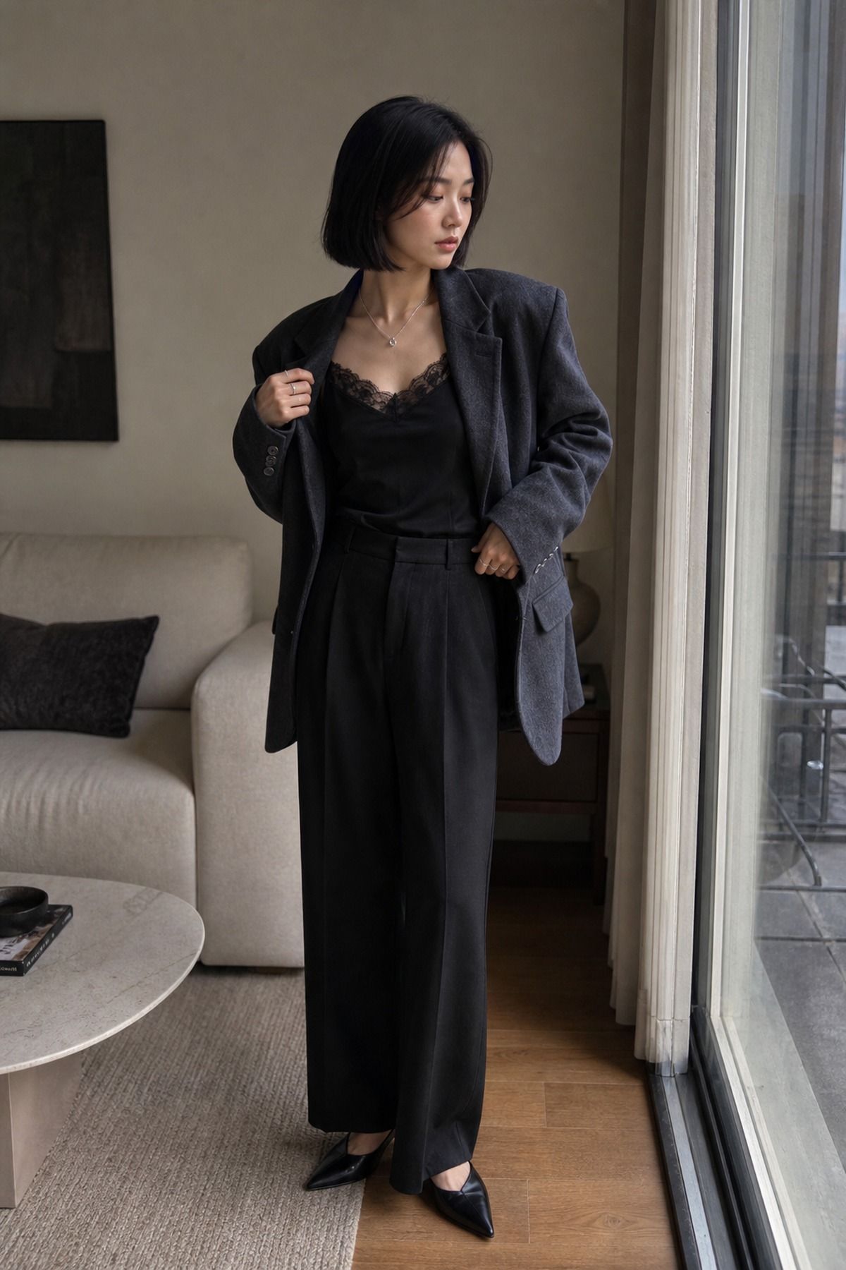 Lace Cami under a Soft Blazer shown as a realistic Pretty Wild World image for 19 Dark Feminine Outfit Ideas That Balance Softness and Edge.