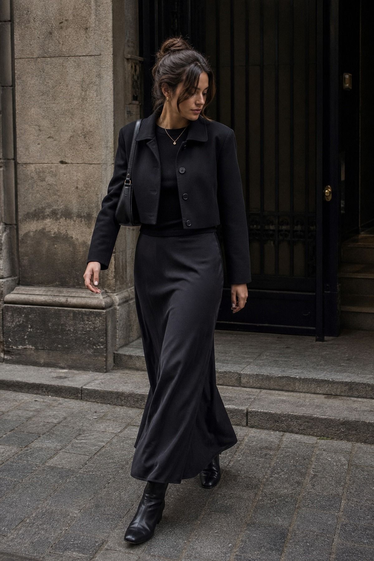 Long Skirt with a Cropped Jacket shown as a realistic Pretty Wild World image for 19 Dark Feminine Outfit Ideas That Balance Softness and Edge.