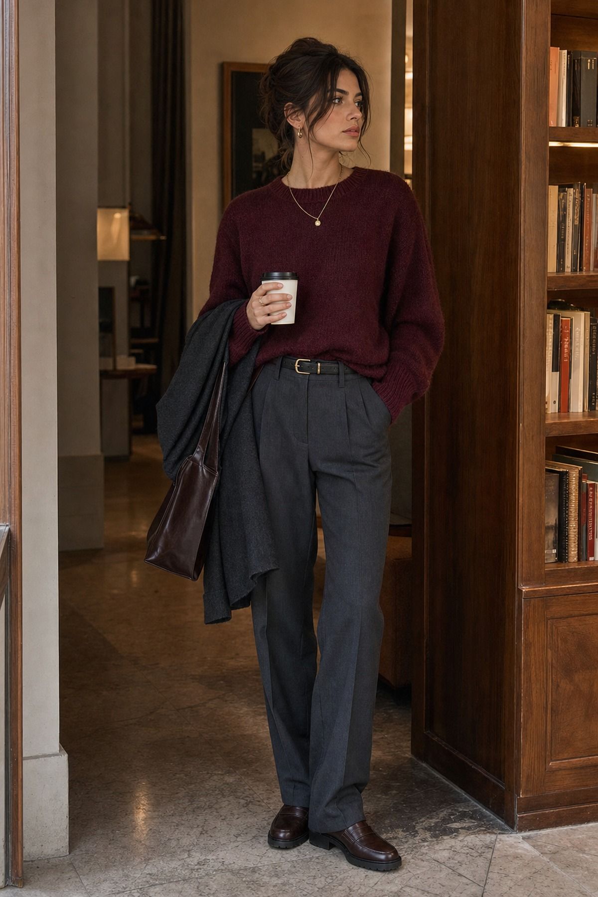 Wine Sweater with Charcoal Trousers shown as a realistic Pretty Wild World image for 19 Dark Feminine Outfit Ideas That Balance Softness and Edge.
