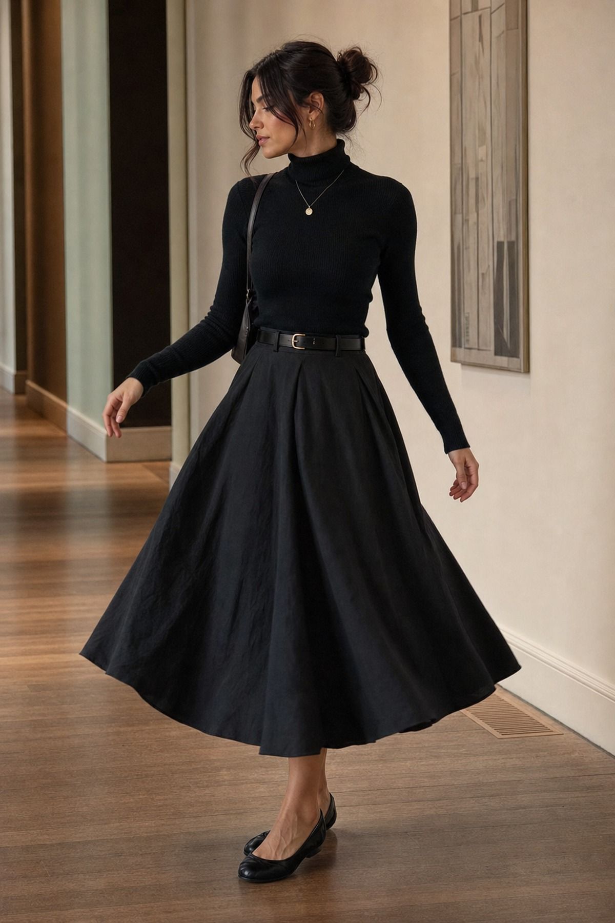 Fitted Turtleneck with a Full Skirt shown as a realistic Pretty Wild World image for 19 Dark Feminine Outfit Ideas That Balance Softness and Edge.