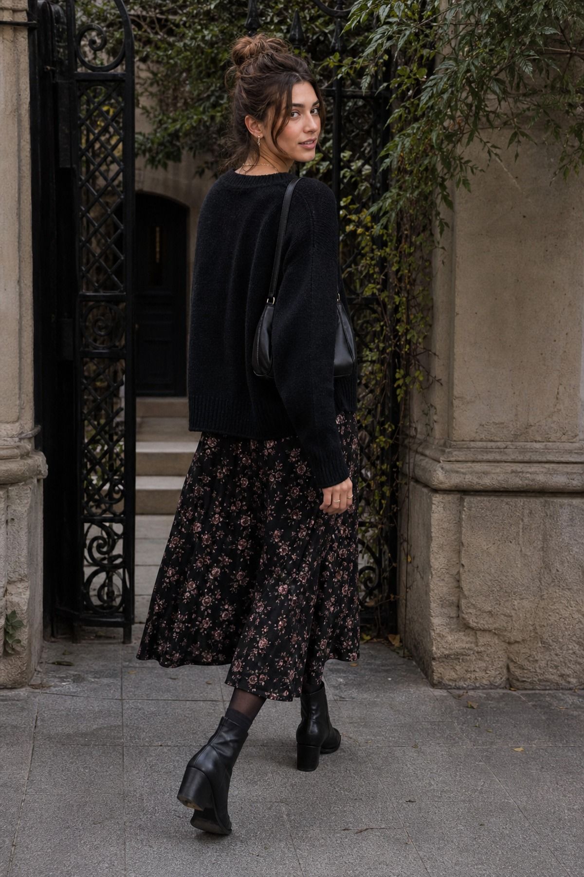 Dark Floral Dress with a Cardigan shown as a realistic Pretty Wild World image for 19 Dark Feminine Outfit Ideas That Balance Softness and Edge.