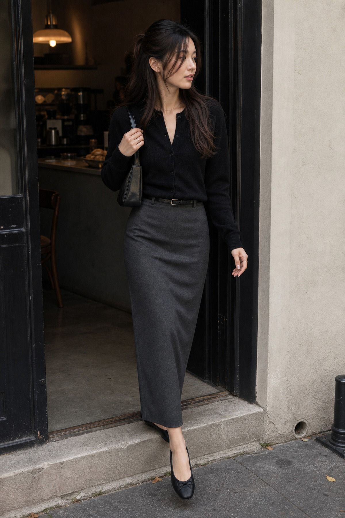 Ballet Flats with a Column Skirt shown as a realistic Pretty Wild World image for 19 Dark Feminine Outfit Ideas That Balance Softness and Edge.