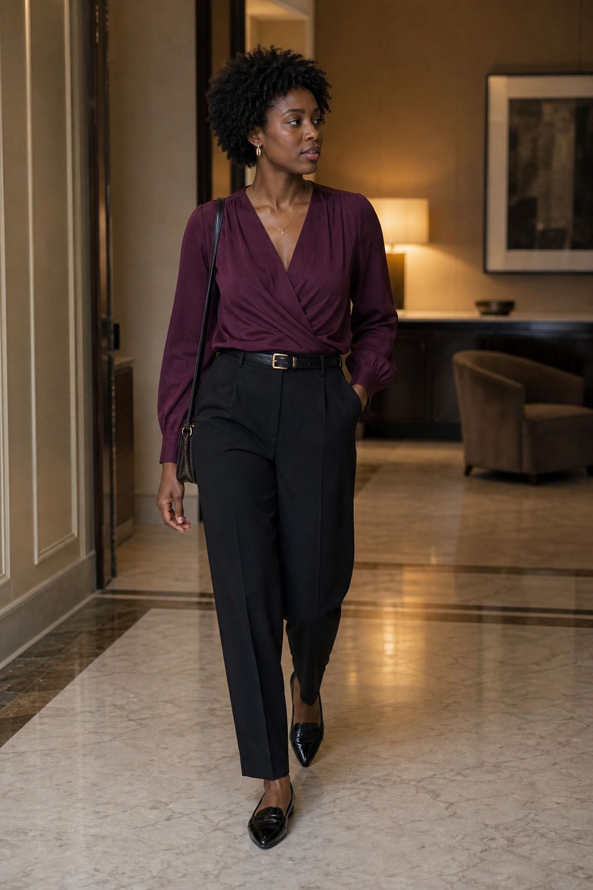 Plum Top with Black Trousers shown as a realistic Pretty Wild World image for 19 Dark Feminine Outfit Ideas That Balance Softness and Edge.