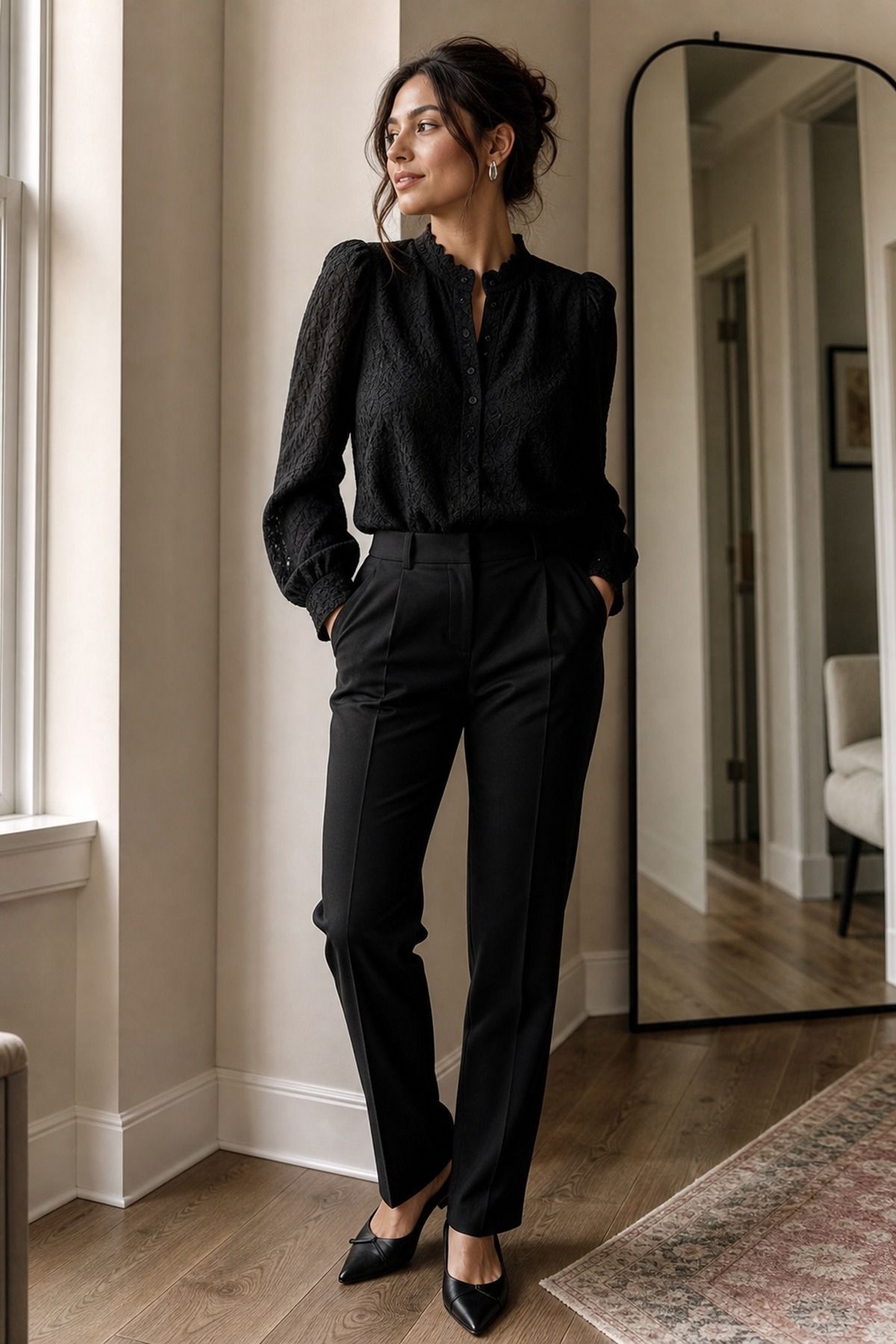 Black Lace Blouse with Tailored Pants shown as a realistic Pretty Wild World image for 19 Dark Romantic Outfit Ideas with Moody, Feminine Drama.