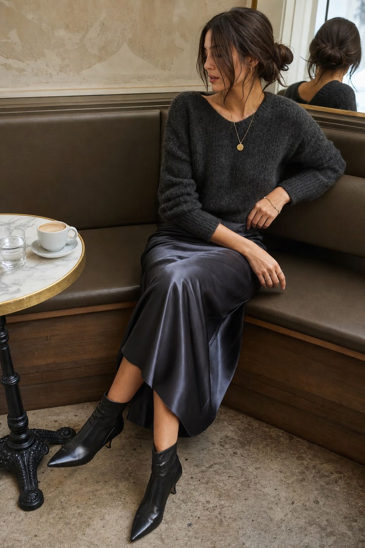 Satin Midi Skirt with a Soft Knit shown as a realistic Pretty Wild World image for 19 Dark Romantic Outfit Ideas with Moody, Feminine Drama.