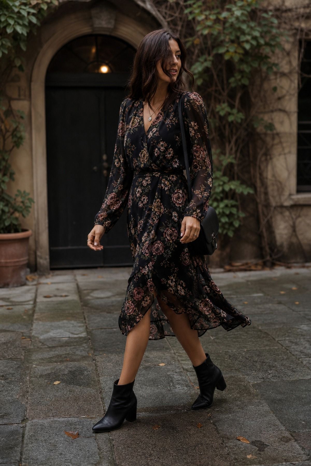 Dark Floral Dress with Boots shown as a realistic Pretty Wild World image for 19 Dark Romantic Outfit Ideas with Moody, Feminine Drama.