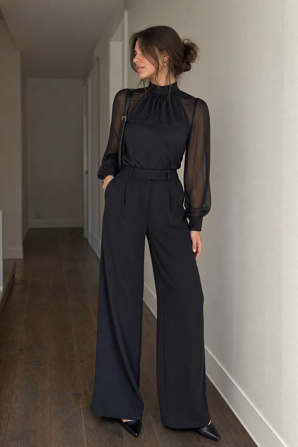 Sheer Sleeve Top with Wide Leg Trousers shown as a realistic Pretty Wild World image for 19 Dark Romantic Outfit Ideas with Moody, Feminine Drama.