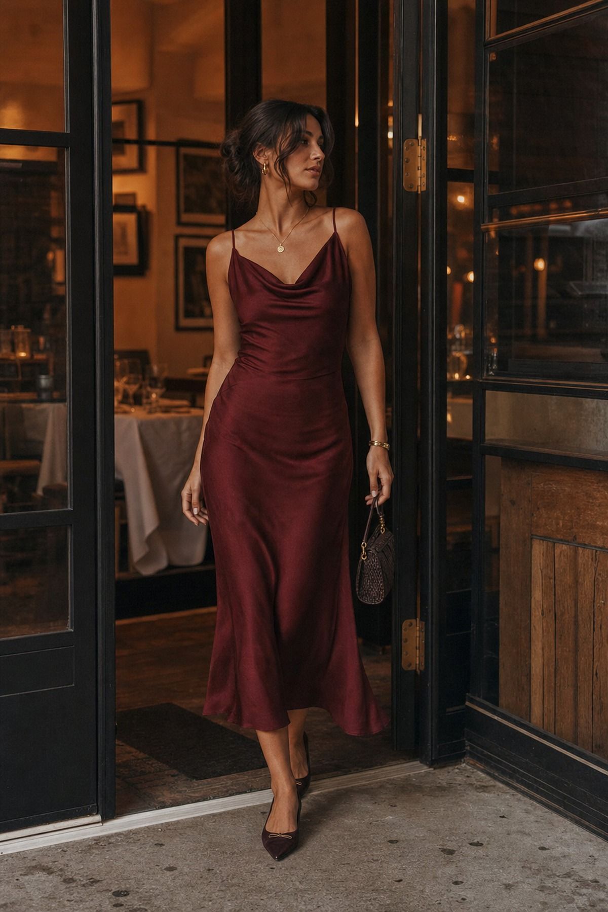 Wine Red Dress with Pointed Flats shown as a realistic Pretty Wild World image for 19 Dark Romantic Outfit Ideas with Moody, Feminine Drama.