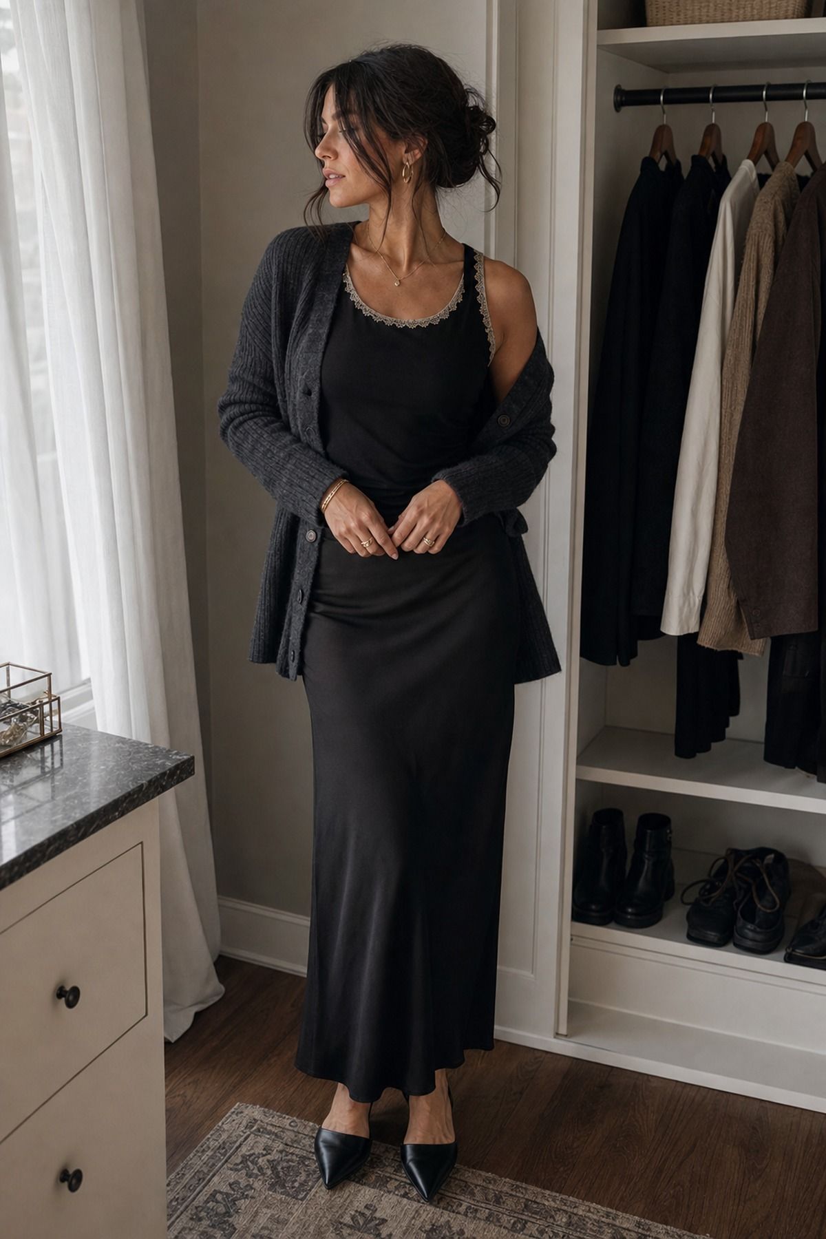 Lace Trim Camisole with a Cardigan shown as a realistic Pretty Wild World image for 19 Dark Romantic Outfit Ideas with Moody, Feminine Drama.