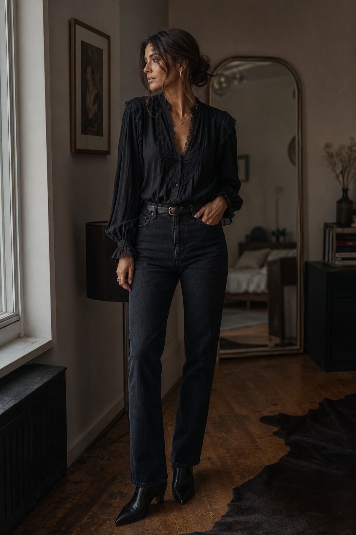 Romantic Blouse with Dark Denim shown as a realistic Pretty Wild World image for 19 Dark Romantic Outfit Ideas with Moody, Feminine Drama.