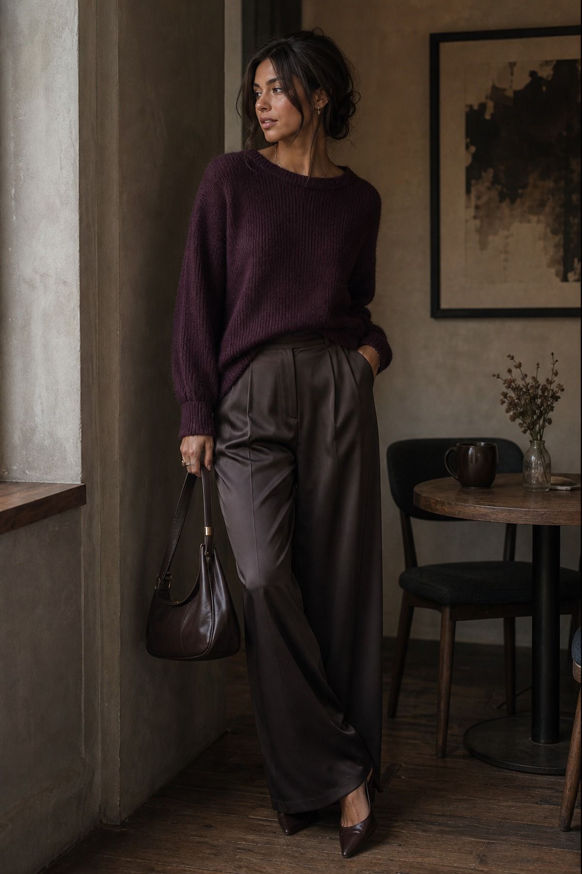 Plum Sweater with Satin Trousers shown as a realistic Pretty Wild World image for 19 Dark Romantic Outfit Ideas with Moody, Feminine Drama.