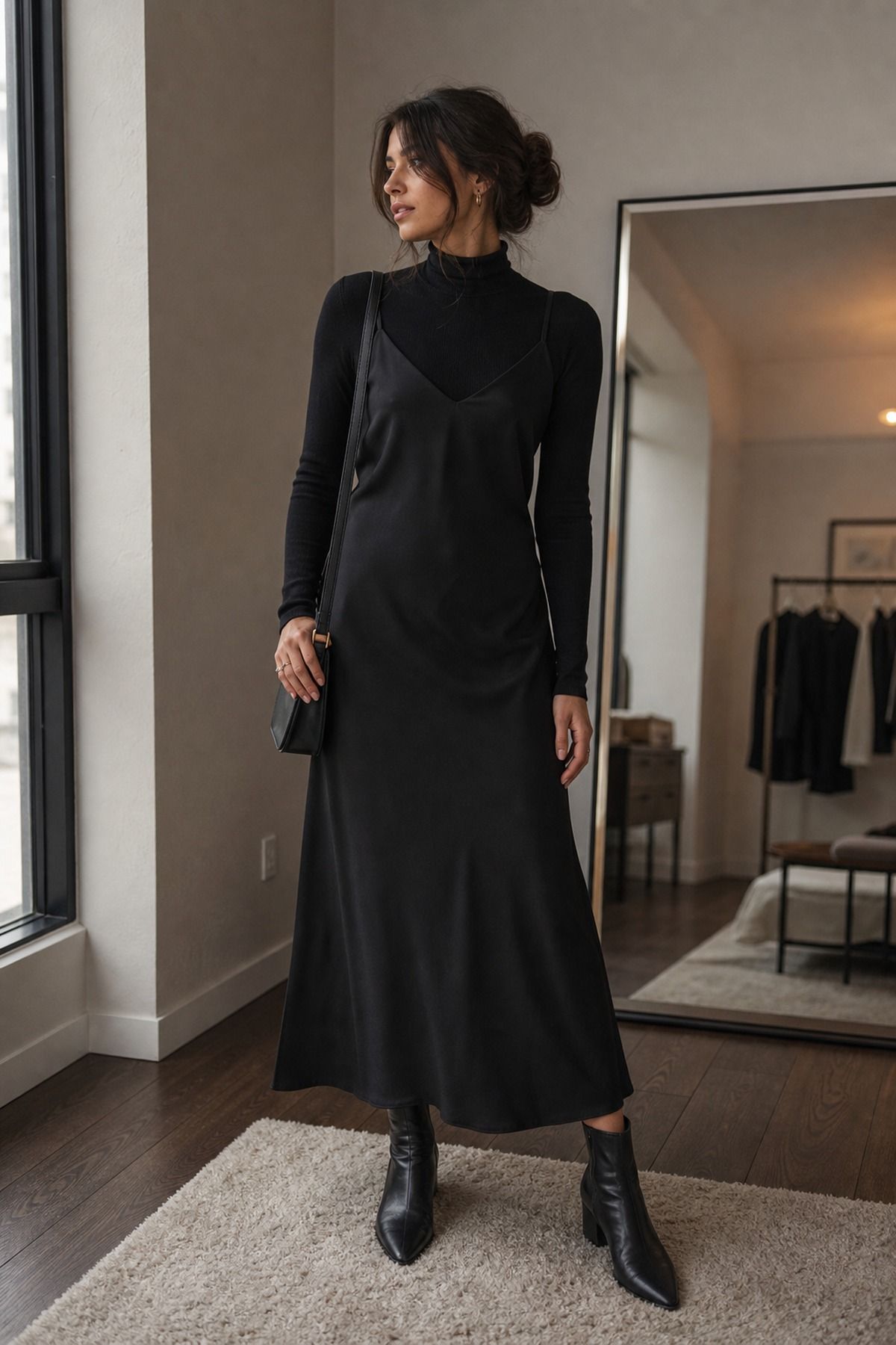 Black Slip Dress with a Turtleneck shown as a realistic Pretty Wild World image for 19 Dark Romantic Outfit Ideas with Moody, Feminine Drama.