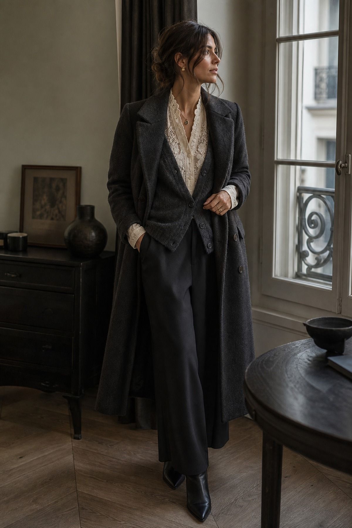 Cream Lace Detail with Charcoal Layers shown as a realistic Pretty Wild World image for 19 Dark Romantic Outfit Ideas with Moody, Feminine Drama.