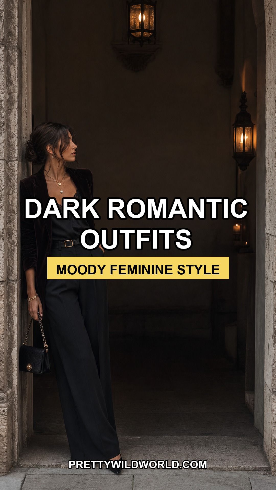 Pinterest pin for 19 Dark Romantic Outfit Ideas with Moody, Feminine Drama from Pretty Wild World.