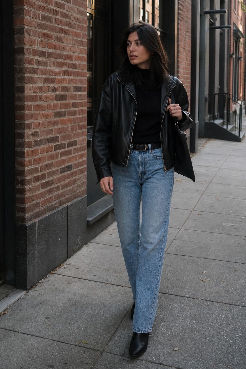 Leather Jacket with Straight Jeans shown as a realistic Pretty Wild World image for 17 Downtown Outfit Ideas That Nail the City-Cool Aesthetic.