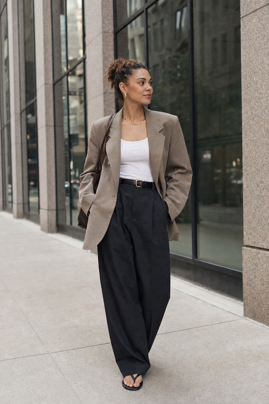 Blazer over a Simple Tank shown as a realistic Pretty Wild World image for 17 Downtown Outfit Ideas That Nail the City-Cool Aesthetic.