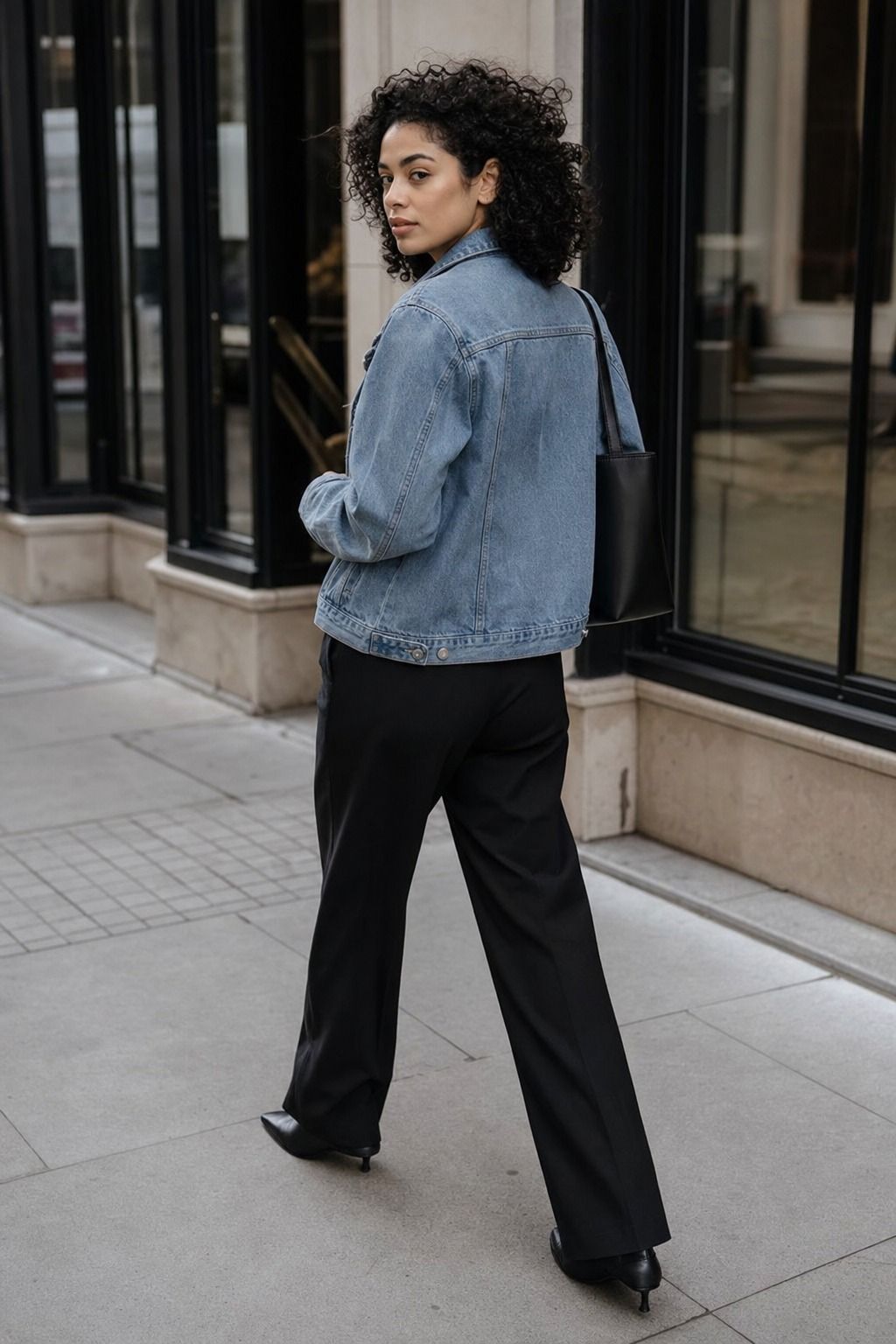 Denim Jacket with Black Trousers shown as a realistic Pretty Wild World image for 17 Downtown Outfit Ideas That Nail the City-Cool Aesthetic.
