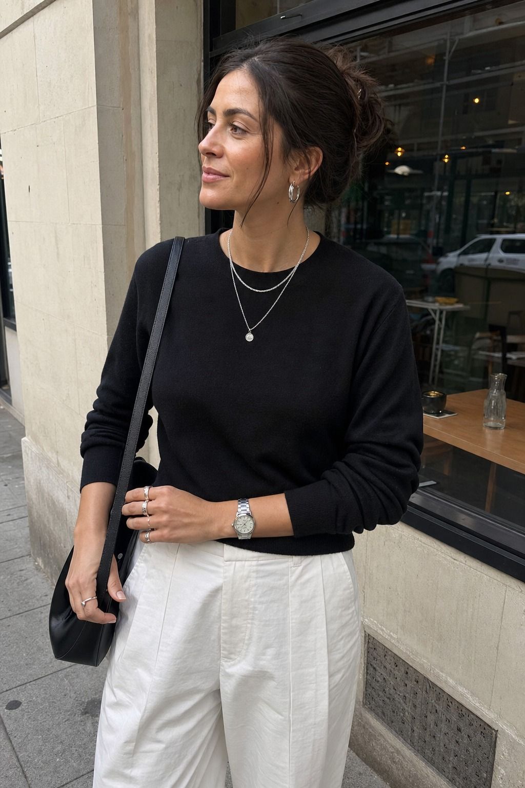 Silver Jewelry with Monochrome Basics shown as a realistic Pretty Wild World image for 17 Downtown Outfit Ideas That Nail the City-Cool Aesthetic.