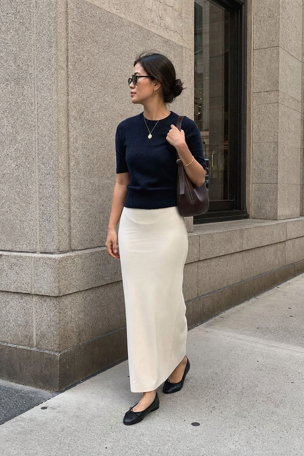 Ballet Flats with a Column Skirt shown as a realistic Pretty Wild World image for 17 Downtown Outfit Ideas That Nail the City-Cool Aesthetic.