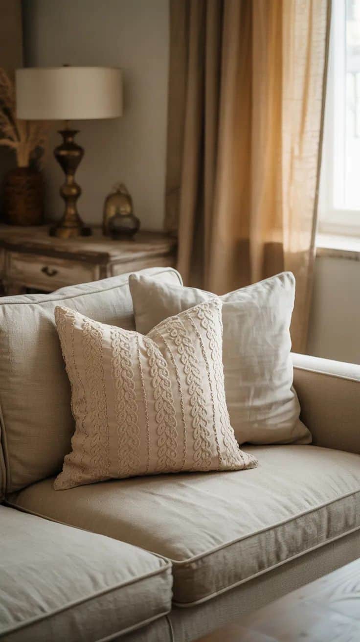 Beige couch with decorative lace pillow and plain linen pillow.