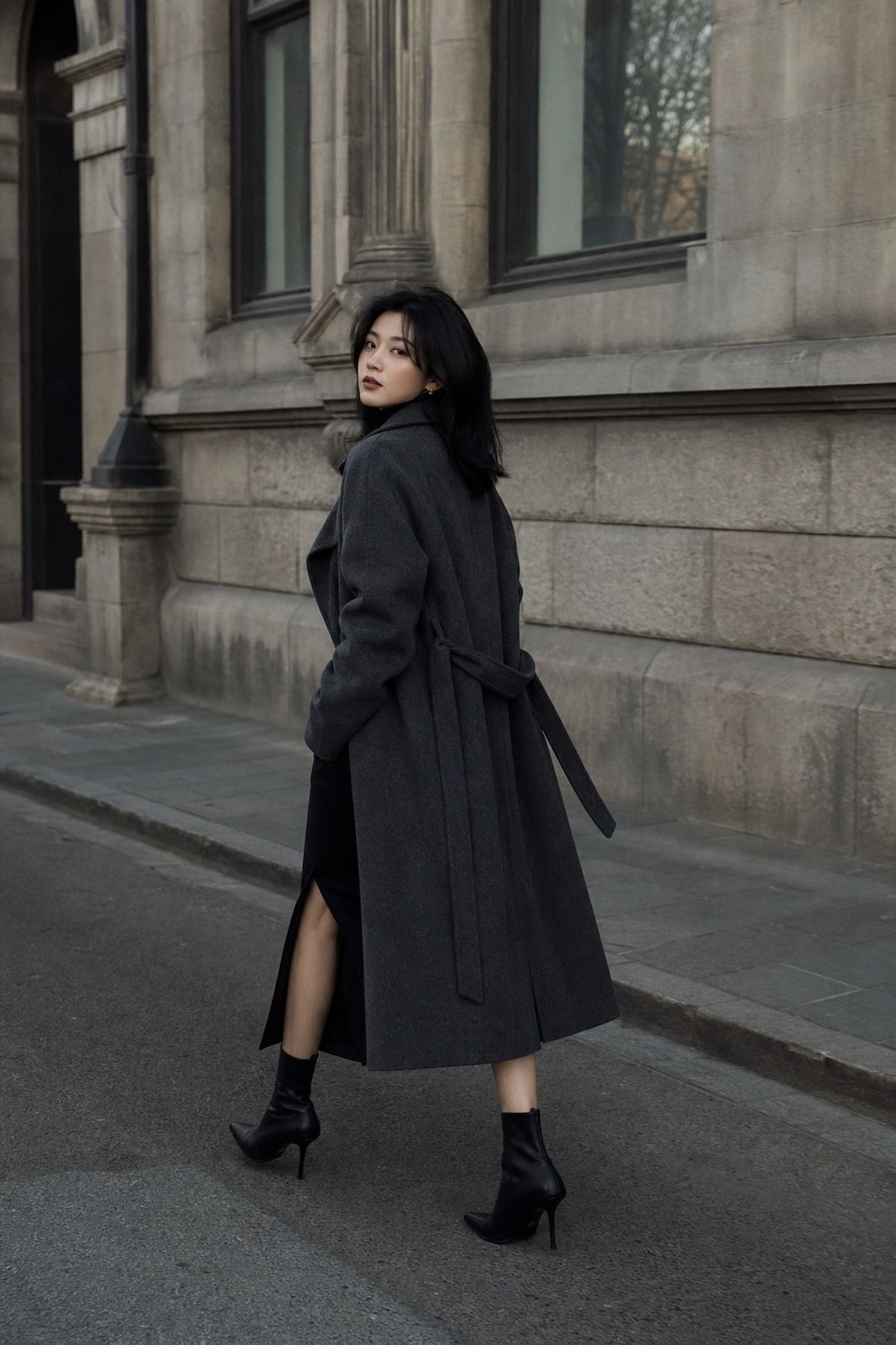 Long Coat over a Simple Dress shown as a realistic Pretty Wild World image for 17 Femme Fatale Aesthetic Outfit Ideas with Mystery, Polish, and Allure.