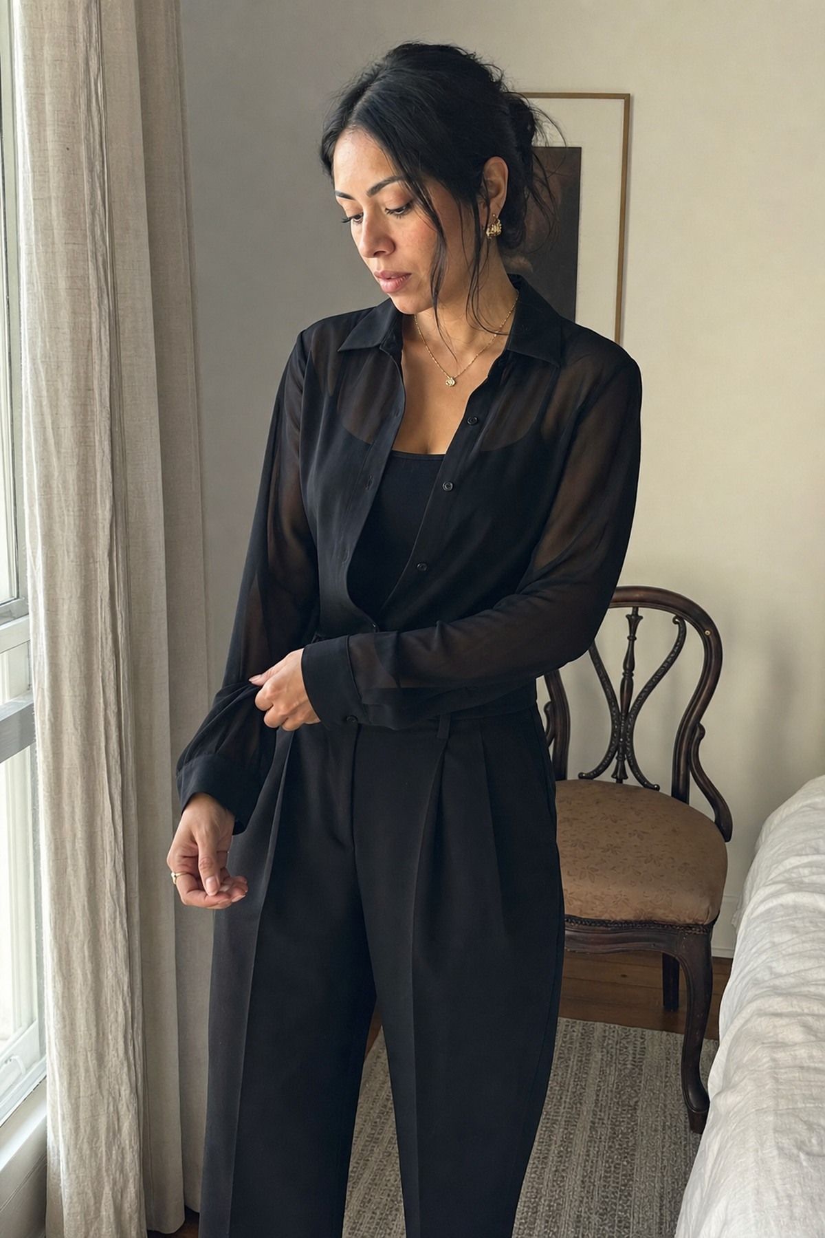 Sheer Blouse with Tailored Trousers shown as a realistic Pretty Wild World image for 17 Femme Fatale Aesthetic Outfit Ideas with Mystery, Polish, and Allure.