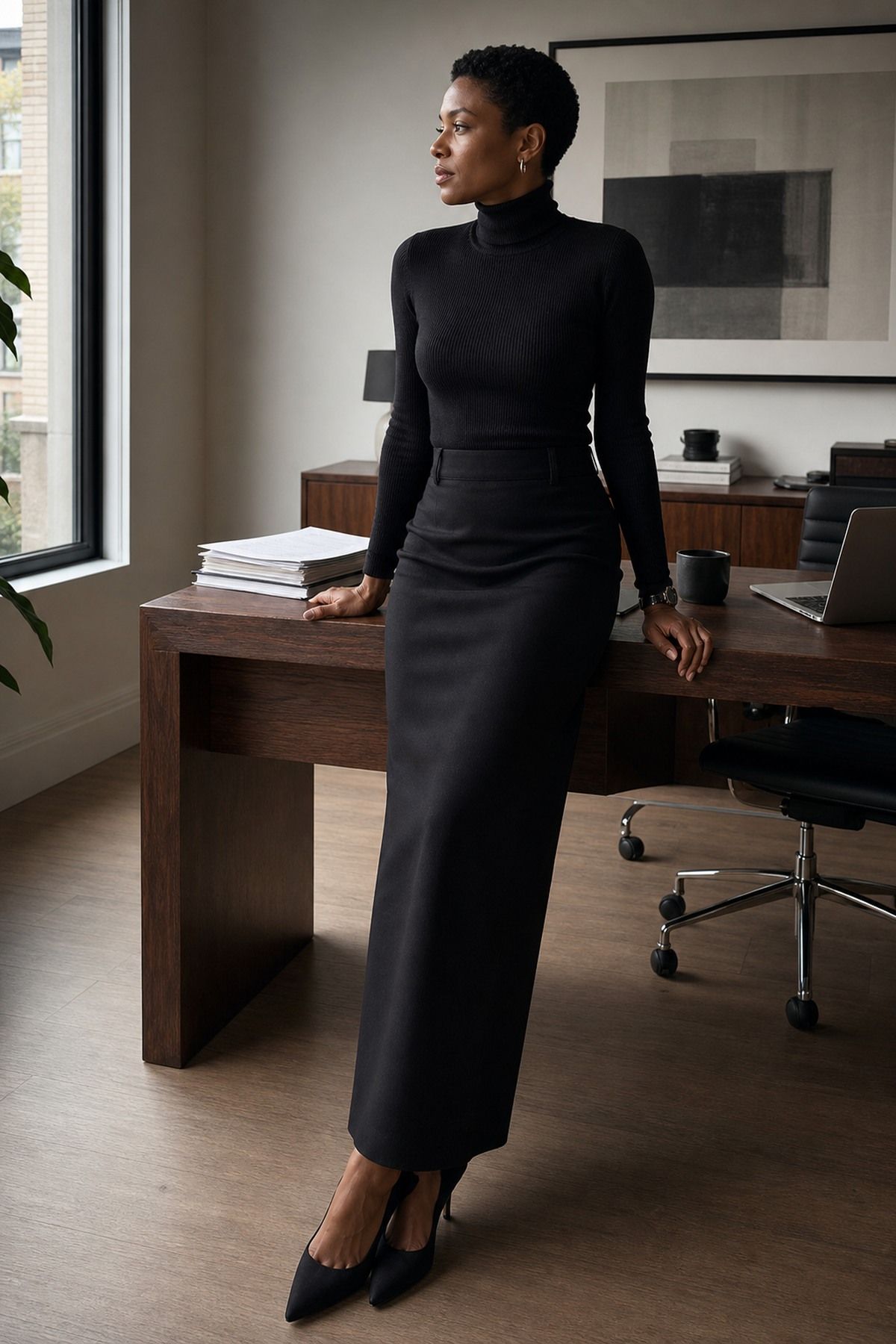 Column Skirt with a Turtleneck shown as a realistic Pretty Wild World image for 17 Femme Fatale Aesthetic Outfit Ideas with Mystery, Polish, and Allure.