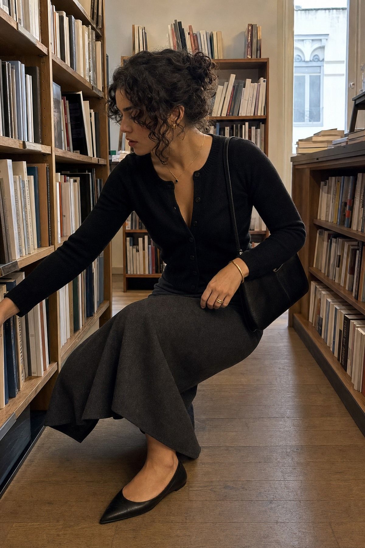 Pointed Flats with a Midi Skirt shown as a realistic Pretty Wild World image for 17 Femme Fatale Aesthetic Outfit Ideas with Mystery, Polish, and Allure.