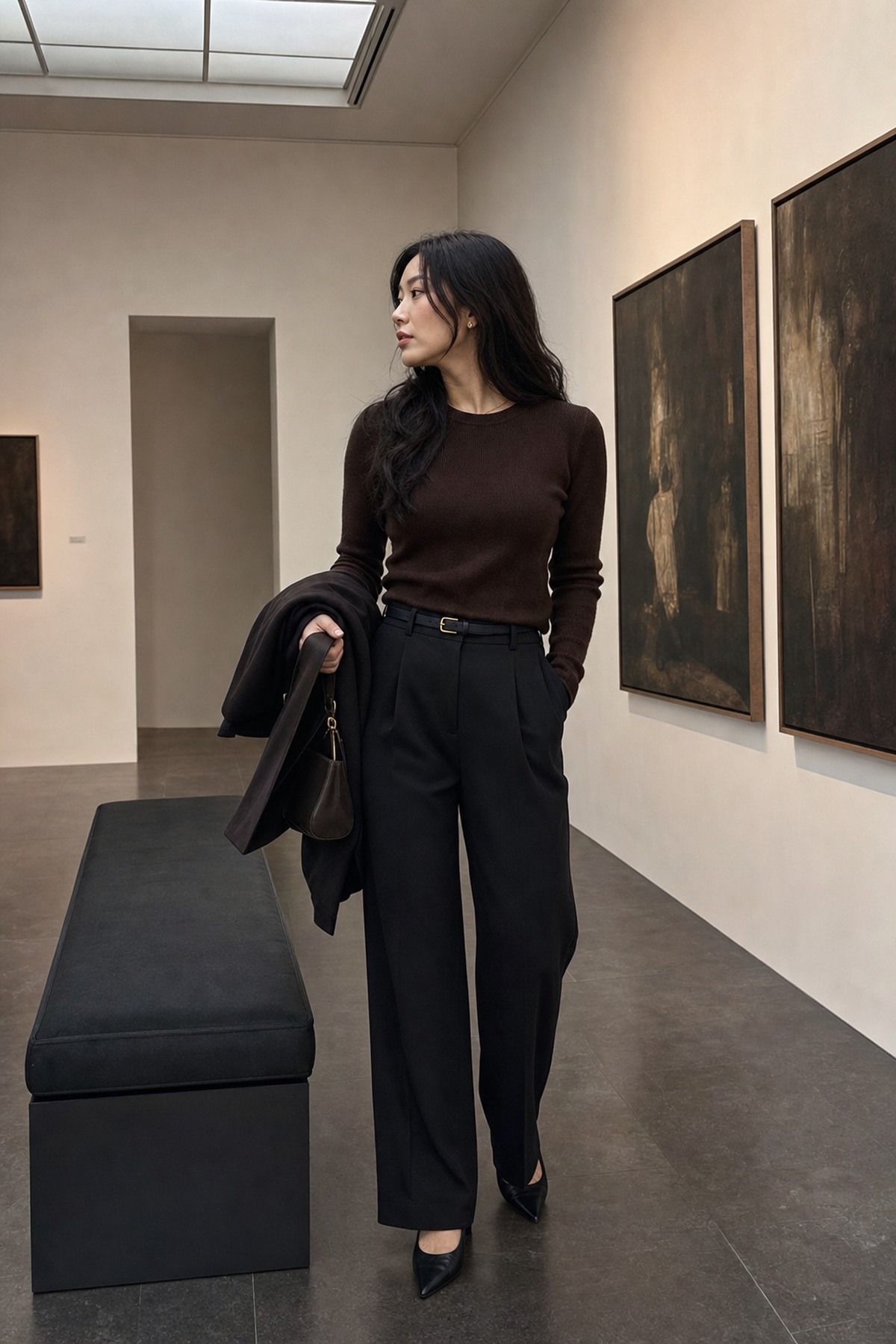 Chocolate Knit with Black Trousers shown as a realistic Pretty Wild World image for 17 Femme Fatale Aesthetic Outfit Ideas with Mystery, Polish, and Allure.