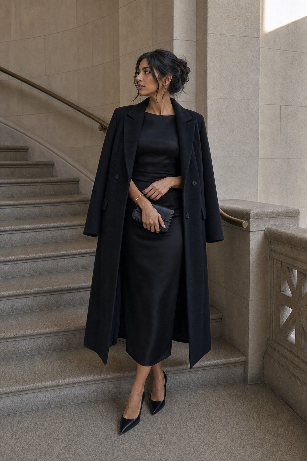 Event Outfit with a Long Coat shown as a realistic Pretty Wild World image for 17 Femme Fatale Aesthetic Outfit Ideas with Mystery, Polish, and Allure.