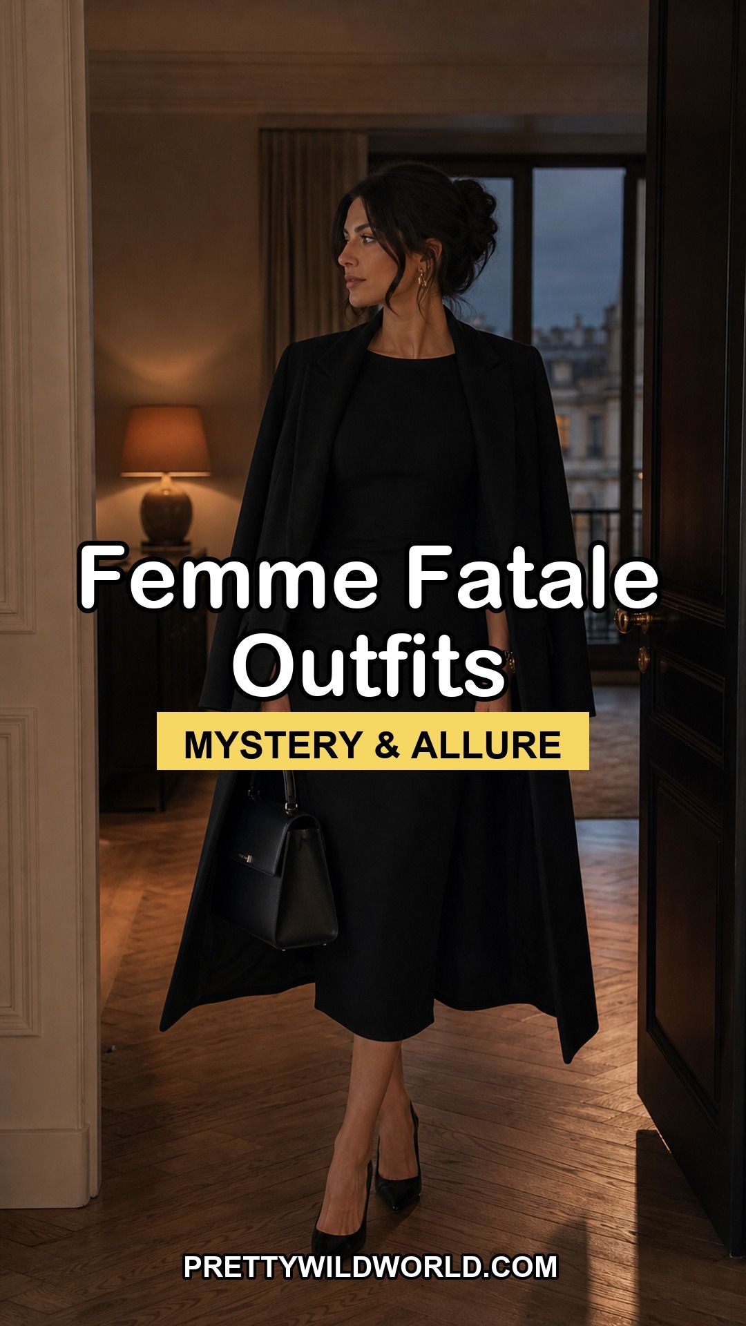 Pinterest pin for 17 Femme Fatale Aesthetic Outfit Ideas with Mystery, Polish, and Allure from Pretty Wild World.