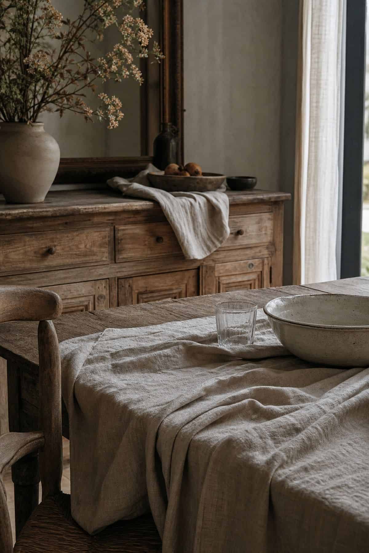 Rumpled linen styled on a French country dining table with aged wood and ceramics.