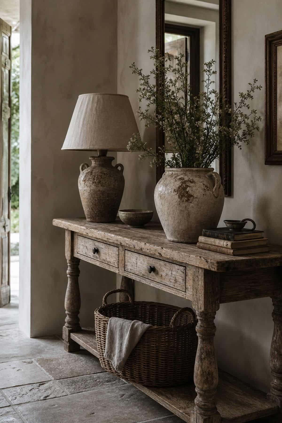 Distressed wood console styled in a soft French country entryway.