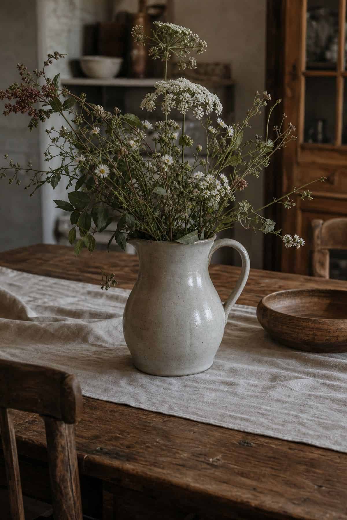 Stoneware pitcher used as a flower vase on a French country kitchen table.