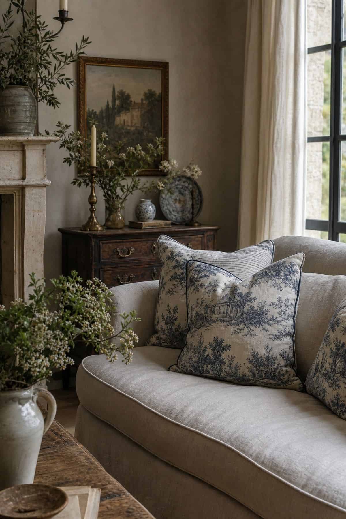 Blue toile pillows on a cream linen sofa in a French country living room.