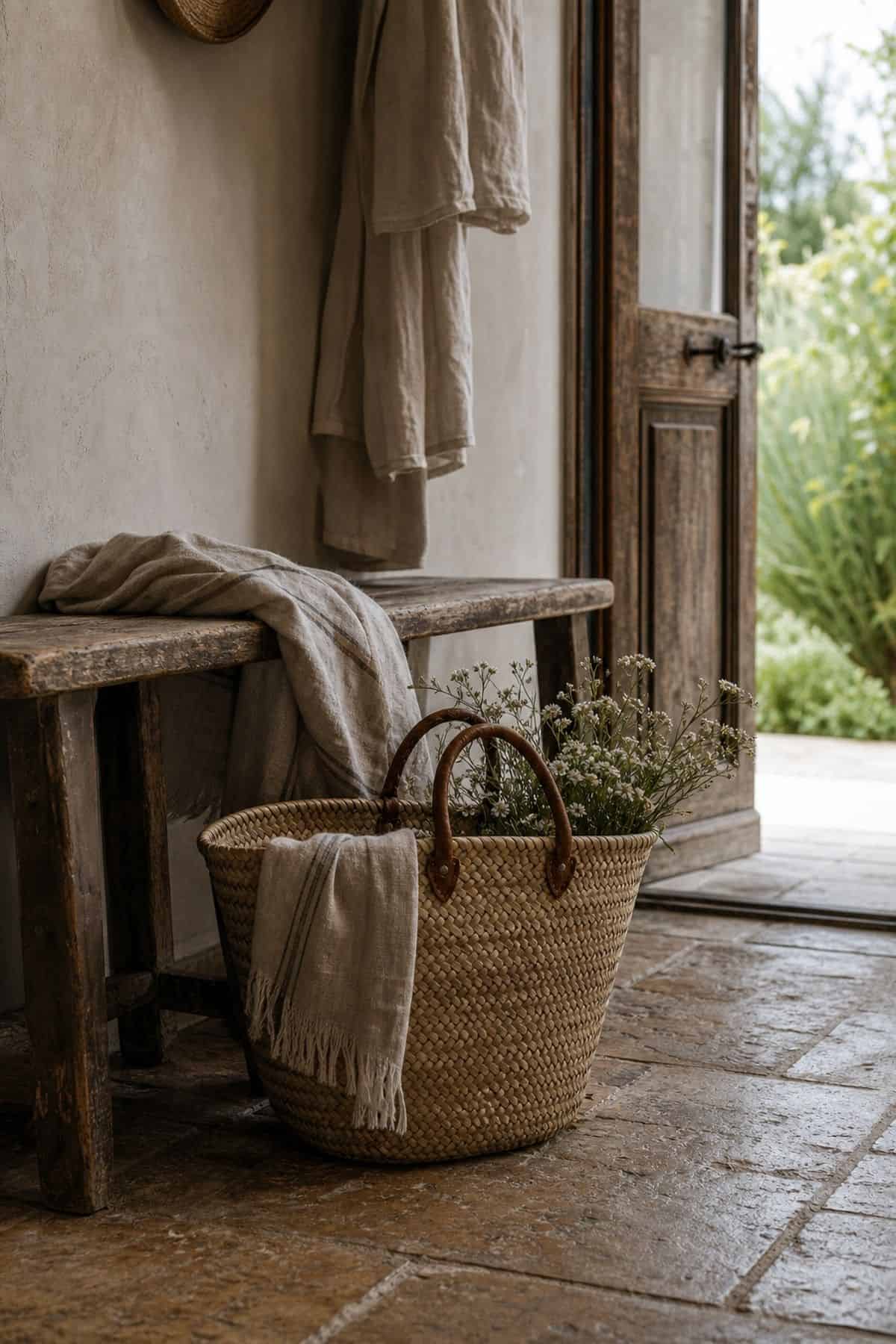 Woven market basket beside a weathered bench in a French country entryway.