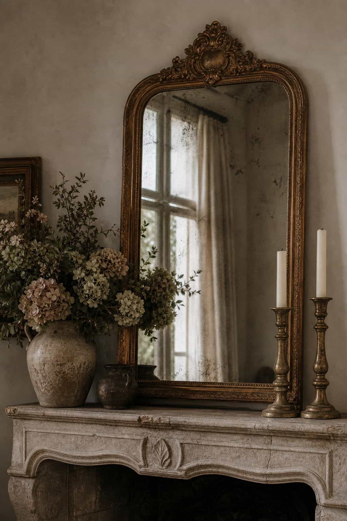 Antique gold mirror with soft patina above a French country mantel.