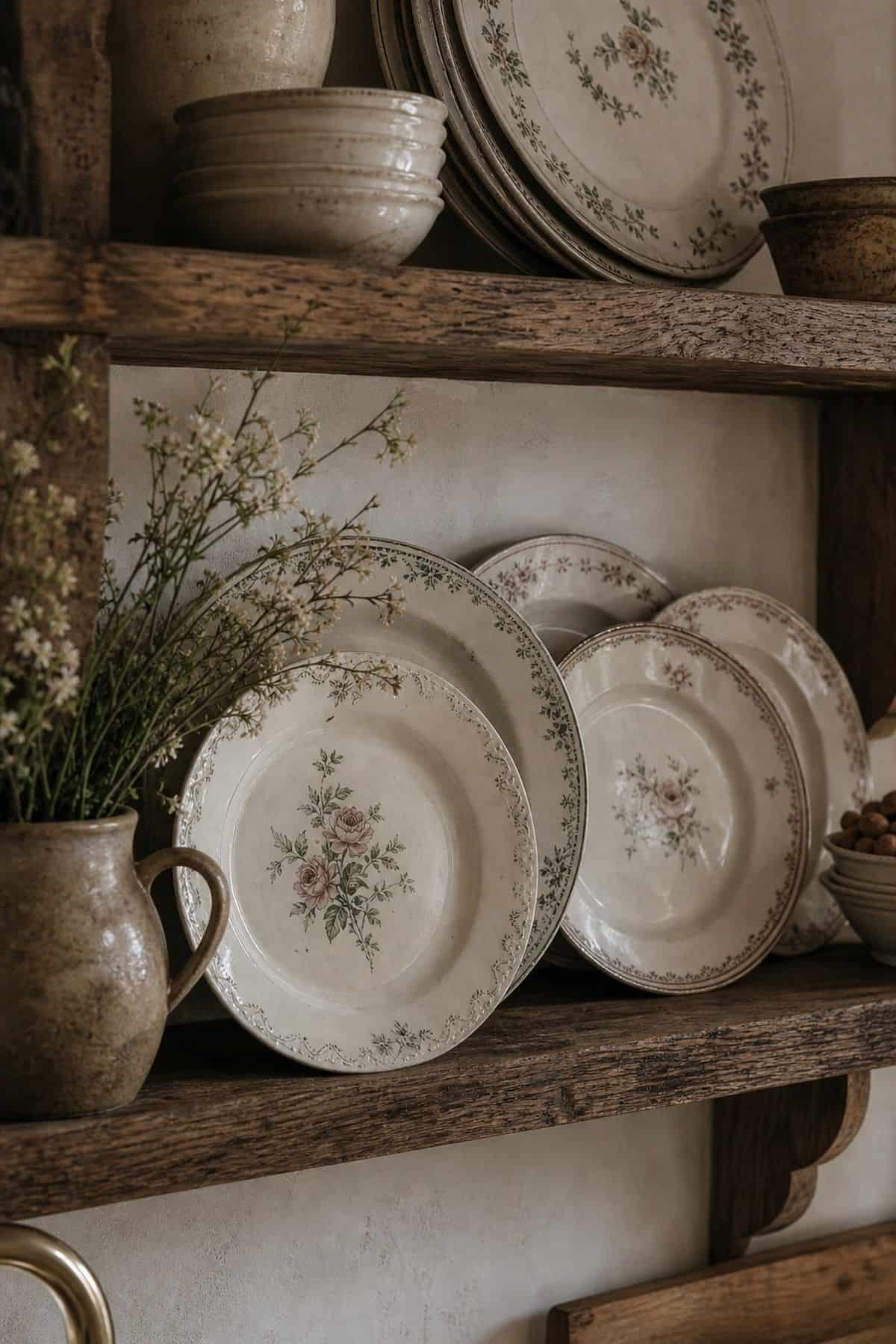 Floral plates displayed on open shelving in a French country kitchen.