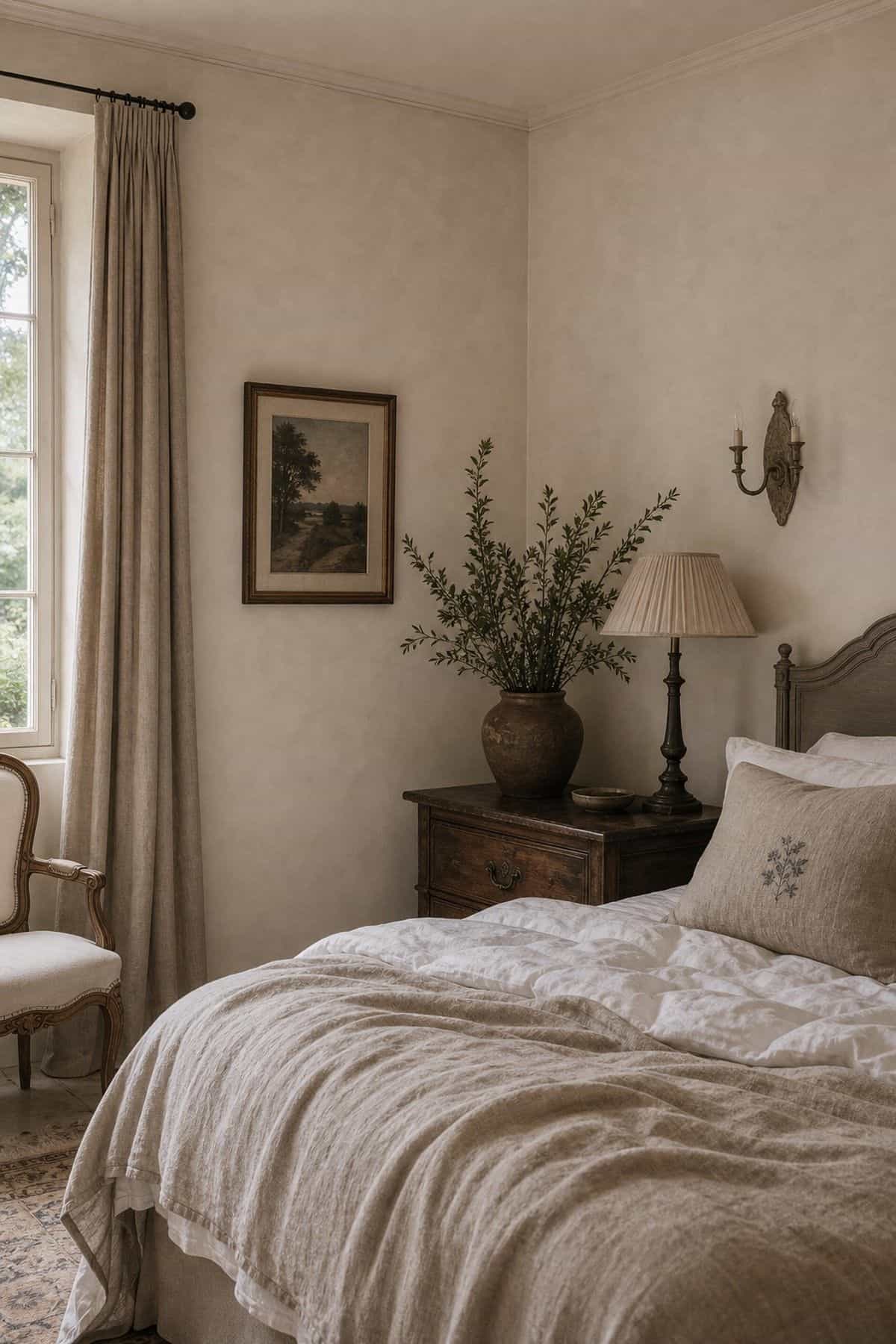 Soft cream plaster walls in a calm French country bedroom.