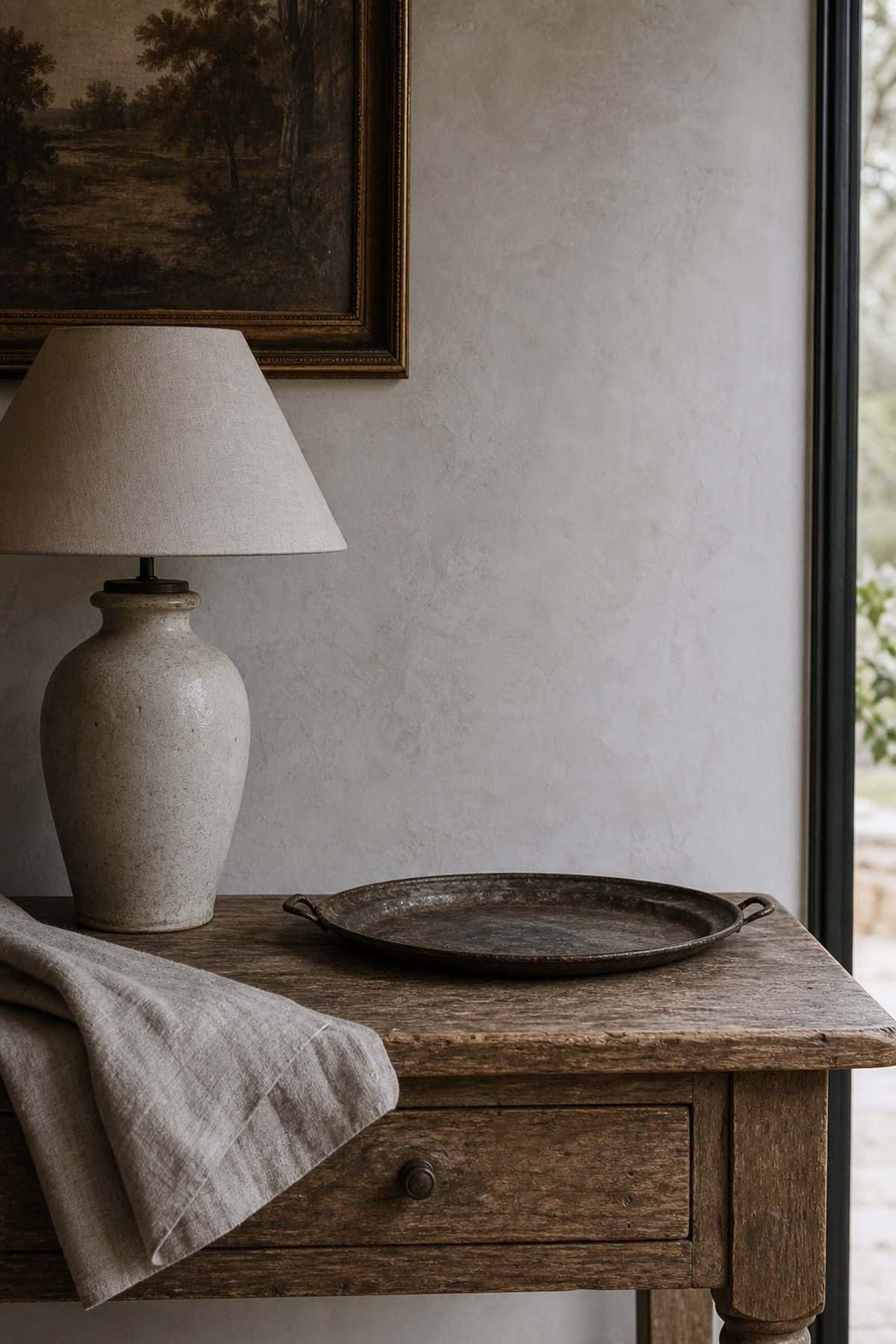 Uncluttered French country console vignette with aged patina and linen.